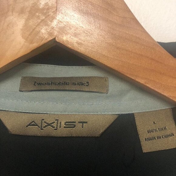 Axist Black Silk Shirt Washable Short Sleeve Size Large Vintage Bowling Style - Picture 8 of 8